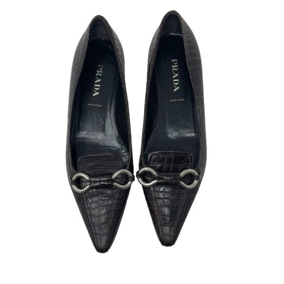 Prada 37 Leather Pointy Toe Brown Low Block Heel Pumps Metal Italy Womens - Picture 3 of 14